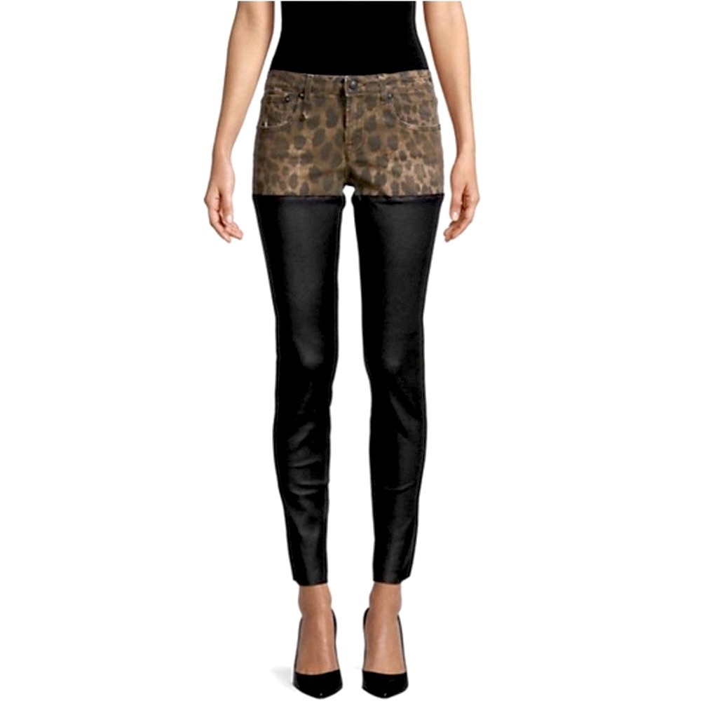 R13 Leopard and black leather chaps jeans